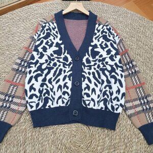 Navy White Abstract Print Plaid Sleeve Knit Cardigan Mixed Pattern Sweater